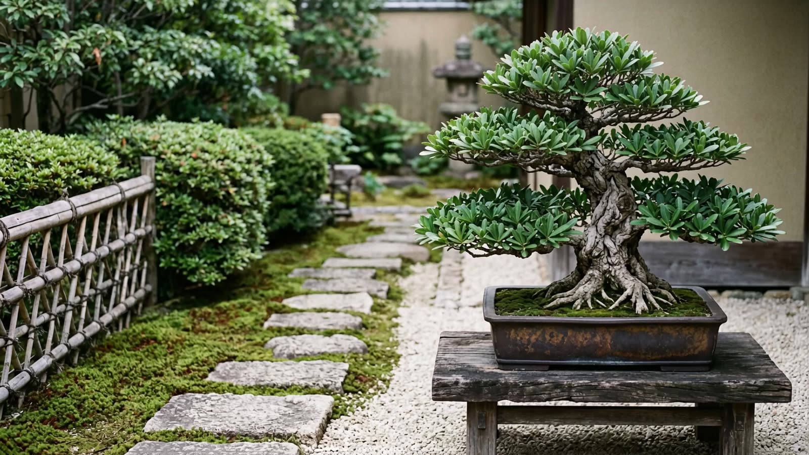Bonsai Podocarpus costalis berdaun lebar di atas dudukan kayu cedar, di tepi jalan setapak batu berlumut dalam taman Jepang.