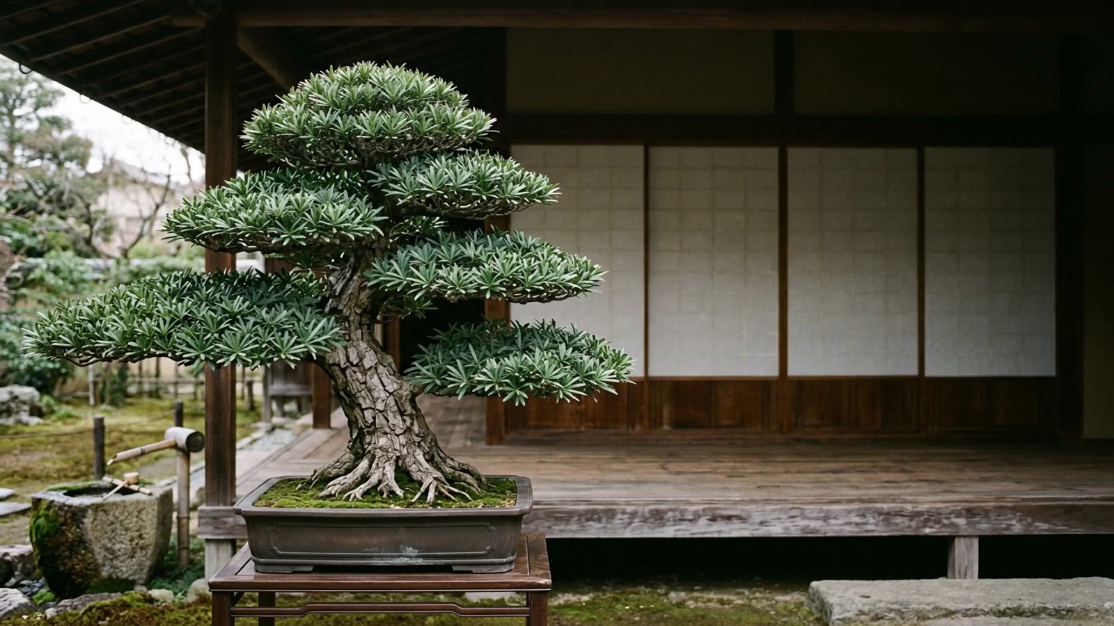 Bonsai Podocarpus macrophyllus var. maki bergaya tegak formal di atas dudukan kayu gelap, di beranda kayu tradisional Jepang.